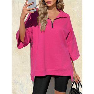 Sweat-shirt surdimensionné pour femme, manches 3/4, fermeture éclair, col en V, tunique asymétrique, tricotée, décontractée - Product Image 3