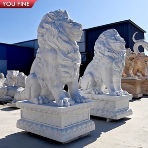 Statua di <span class=keywords><strong>leone</strong></span> guardiano classica YOUFINE per esterni, coppia a grandezza naturale in marmo bianco con basi - Product Image 4