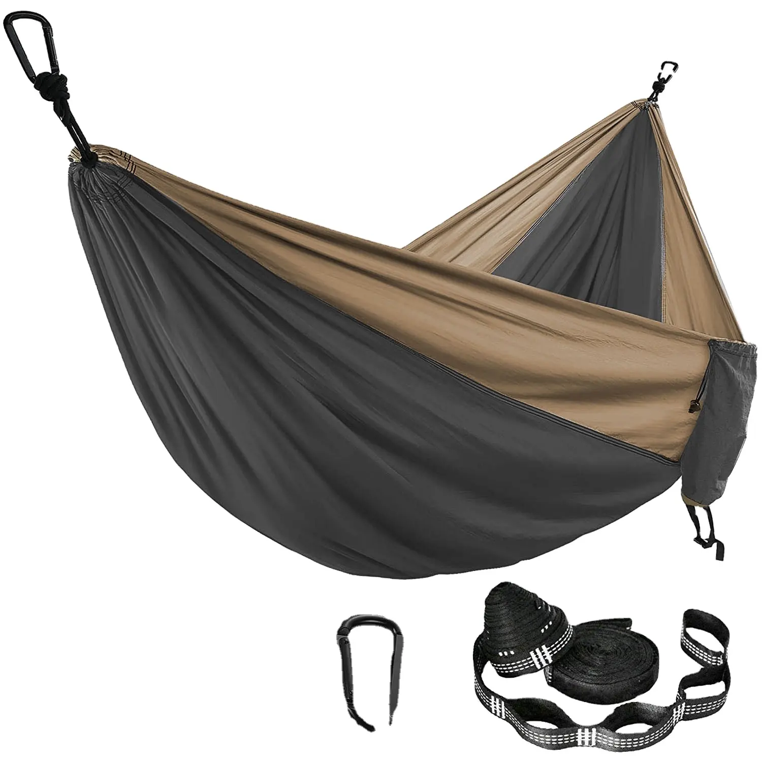 Hamaca de paracaídas de Color sólido con correas para hamaca y mosquetón negro, muebles de exterior para dos personas para viajes de supervivencia y acampada