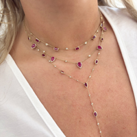 Collier à maillons superposés personnalisé en or véritable 18 carats plaqué or, serti de rubis rouges, saphirs roses et cristaux taille baguette émeraude