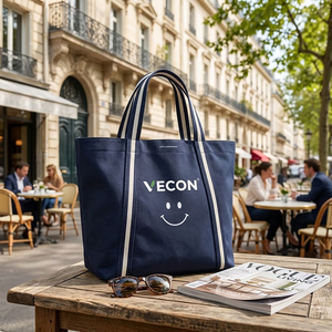 Custom Logo <strong>Navy</strong> Blue Canvas Tote <strong>Bag</strong> with Striped Webbing Handles Eco-friendly Reusable Shopping Shoulder <strong>Bag</strong> for Promotion - Product Image 5