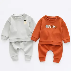 P20906 Pasgeboren Baby Jongens Meisjes Wafel Gebreide Katoen Homewear Outfit Met Hoed Lange Mouw Top + Broek Set