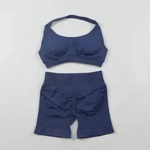 Conjunto de Yoga Sin Costuras para Mujer, Shorts de Entrenamiento de 2 Piezas con Sujetador Deportivo Halter y Shorts de Gimnasio Fruncidos, Ropa de Entrenamiento, Ropa Deportiva de Verano - Product Image 3