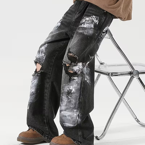 Jeans pour homme en denim délavé rétro Y2K, streetwear asymétrique, pantalon baggy graffiti, vintage déchiré, lavé, effet whisker - Product Image 4