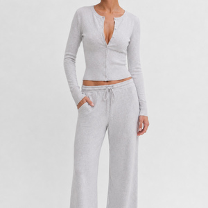 Set Loungewear Marrone con Bottoni per Donna, Cardigan Corto <span class=keywords><strong>a</strong></span> Costine <span class=keywords><strong>a</strong></span> Maniche Lunghe e <span class=keywords><strong>Pantaloni</strong></span> <span class=keywords><strong>a</strong></span> Gamba Larga, Completo Casual da Casa - Product Image 4