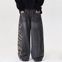 Jeans amples brodés avec appliques pour hommes, style vintage, motif léopard, lettres brodées, coupe large