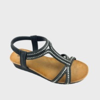 Sandales compensées d'été à semelle souple en faux daim, à bride en T, à bride arrière élastique, à enfiler, confortables, avec strass pour femme