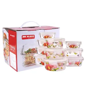 Customized decal high borosilicate glass lunch storage box with pp lid oven safe glass food containers set