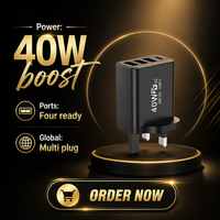 Adaptor Charger Cepat 40W Travel Kompatibel US/EU/UK 2 Port Type-C + 3 Port USB untuk Ponsel, Earphone, Kamera QC3.0