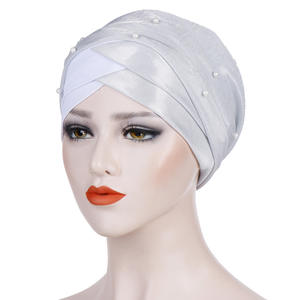Pañuelo musulmán de dos colores para mujer y niña, <span class=keywords><strong>Hijab</strong></span> árabe, turbante de tubo, sombrero con cuentas - Product Image 4