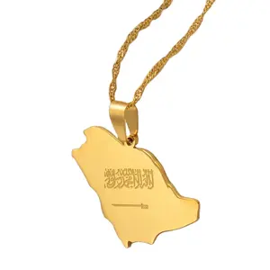 Saudi Arabia Map Flag Girls Charm Pendant Necklace Stainless Steel Gold Silver Color Arab Emblem Symbol Ethnic Jewelry Gifts