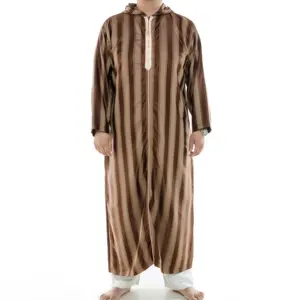 새로운 패션 느슨한 이슬람 후드 스트라이프 남성 가운 아랍 이슬람 의류