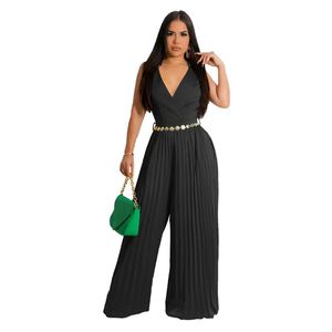 Pantalon large à jambes larges, décontracté, élégant, sans manches, col en V, taille plissée, pour femmes, transfrontalier Europe-Amérique - Product Image 4