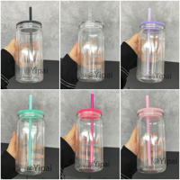 Canette en plastique à double paroi pour bière, pré-perforée, transparente, 12 oz à l'intérieur, 16 oz à l'extérieur, type globe à neige, pour enveloppes UV DTF, entrepôt USA