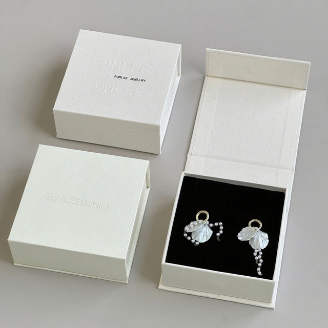Custom Black Square Jewelry Watch Earrings Display Box Rigid Structure Foam Insert Textured Paper Recycled Materials Embossed