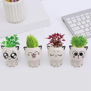 Keramische Bloempot Mini Kat Vormige Cartoon Schattige Potplant Desktop Potuitdrukking Kat Plant Pot Bureau Versieren Klein Ornament