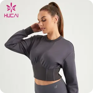 HUCAI Custom Logo Womens lightweight air cotton corset waistband hem workout sports gym crop sweatshirt