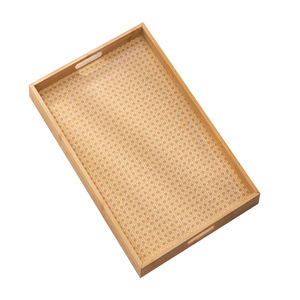 Bandeja de servir rectangular de bambú con asas y patrón geométrico para servir té, uso en sala de estar - Product Image 5