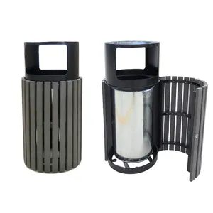 Wholesale PS Recycling Wood Waste Outdoor Commercial Public Park Trash Bin Mental Garage Can with Rain Guard