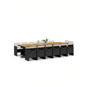 Set da Pranzo da Giardino in Rattan Nero con Tavolo in Teak per 10 Persone, Design Contemporaneo, Telaio in Acciaio Resistente alle Intemperie - Product Image 1