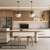 Meubles de cuisine ouverts personnalisés avec poignées, rangements en panneaux de particules, style moderne, avec îlot central et comptoir