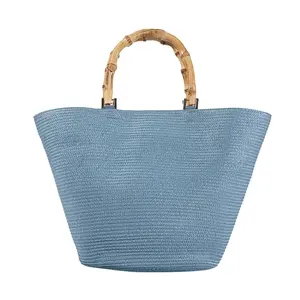 Straw Bag Shopping Straw Tote Top Grade Wooden Handle Blue/black Tote Bag,fashion Travel Beach Daily Black Blue Bucket Polyester