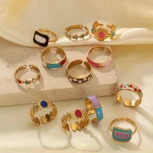 Anillos abiertos esmaltados de acero inoxidable 304 con estrella geométrica Retro al por mayor, joyería de moda chapada en oro de 18 quilates - Product Image 4