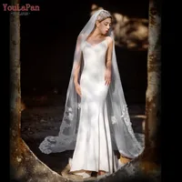 YouLaPan V67 اليدوية طرحة زفاف طويل الرباط زين السويسري الغزل اكسسوارات الزفاف مسلم طرحة زفاف s