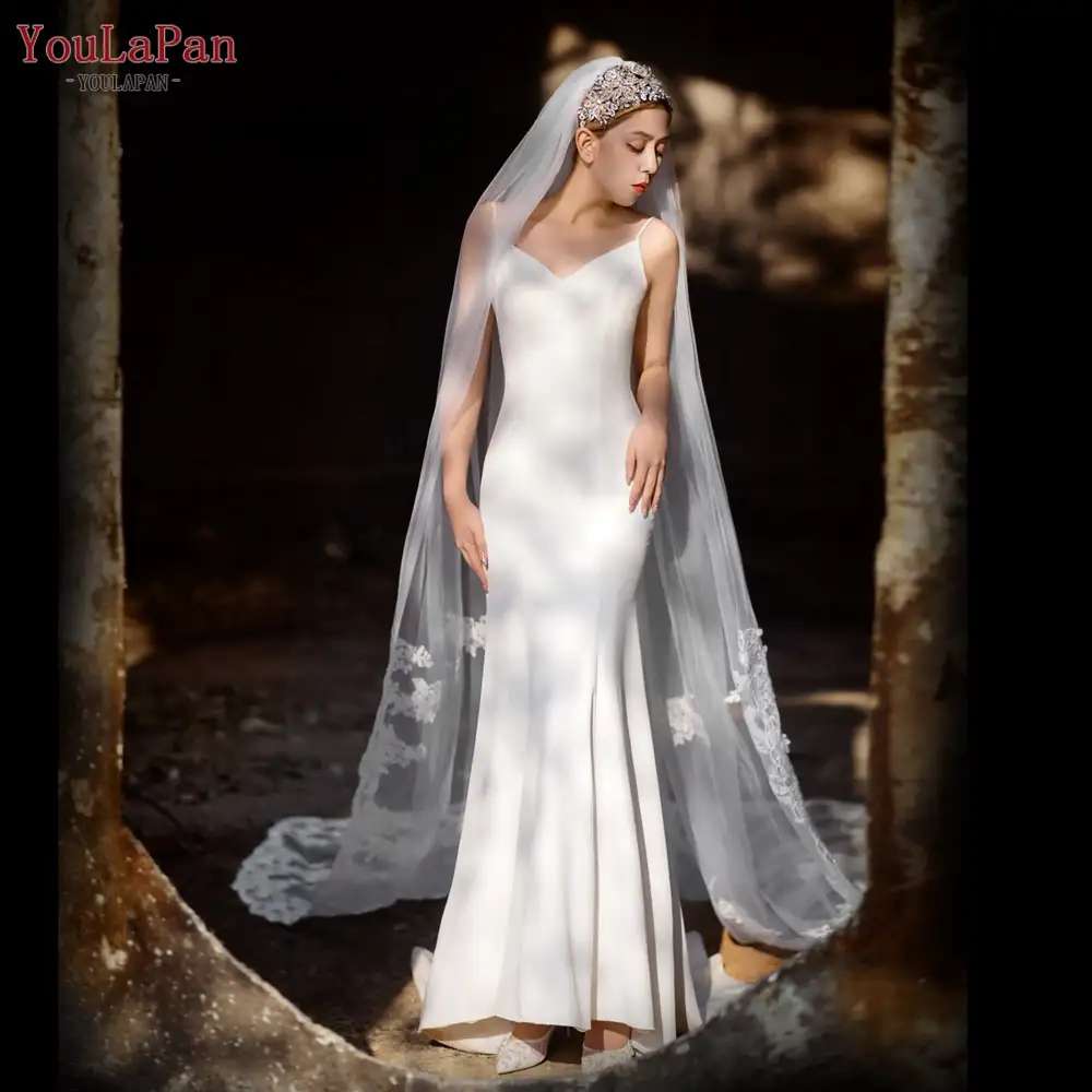 YouLaPan V67 Kerudung Pernikahan, Aksesori Kerudung Pernikahan Muslim Benang Swiss Applique Renda Panjang Buatan Tangan