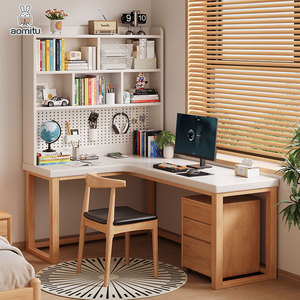 Bàn góc hình chữ L bằng gỗ nguyên khối với giá sách tích hợp bàn học đôi và bảng lỗ bàn máy tính bền và Tủ Sách - Product Image 2