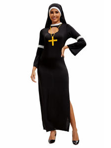 해피 파티 중세 수녀 코스프레 의상 여성을위한 검은 정장 할로윈 공연복을위한 모자와 목걸이 - Product Image 5