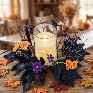 Ghirlanda per Candele di Halloween a Prezzo di Fabbrica con Foglie d'Acero Nere, Fiori Arancioni <span class=keywords><strong>e</strong></span> <span class=keywords><strong>Viola</strong></span> <span class=keywords><strong>e</strong></span> Rami per Centrotavola Spaventoso - Product Image 3