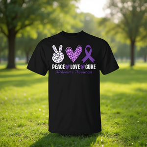 Camiseta con lazo morado para concienciación sobre la enfermedad de Alzheimer, Peace Love Cure, unisex, para adultos, manga corta, cuello redondo, estampado en serigrafía - Product Image 3