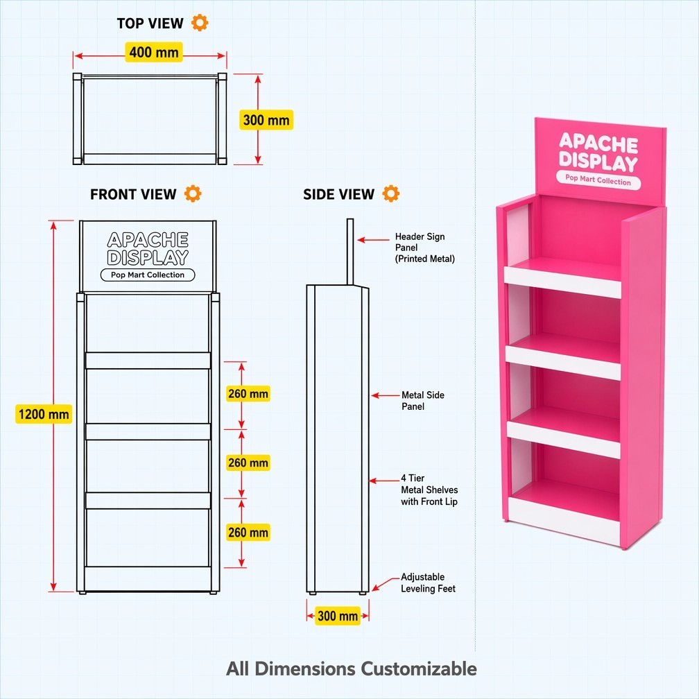 Apache Custom Toy Display Rack 4-Way 4-Tier Metal Figure Merchandiser Knock Down Rotating Stand for Collectible Store OEM ODM — view 3