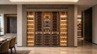 Armoire à vin de luxe moderne encastrable à température constante en bois massif écologique 5 portes grande capacité avec éclairage LED personnalisable pour la maison