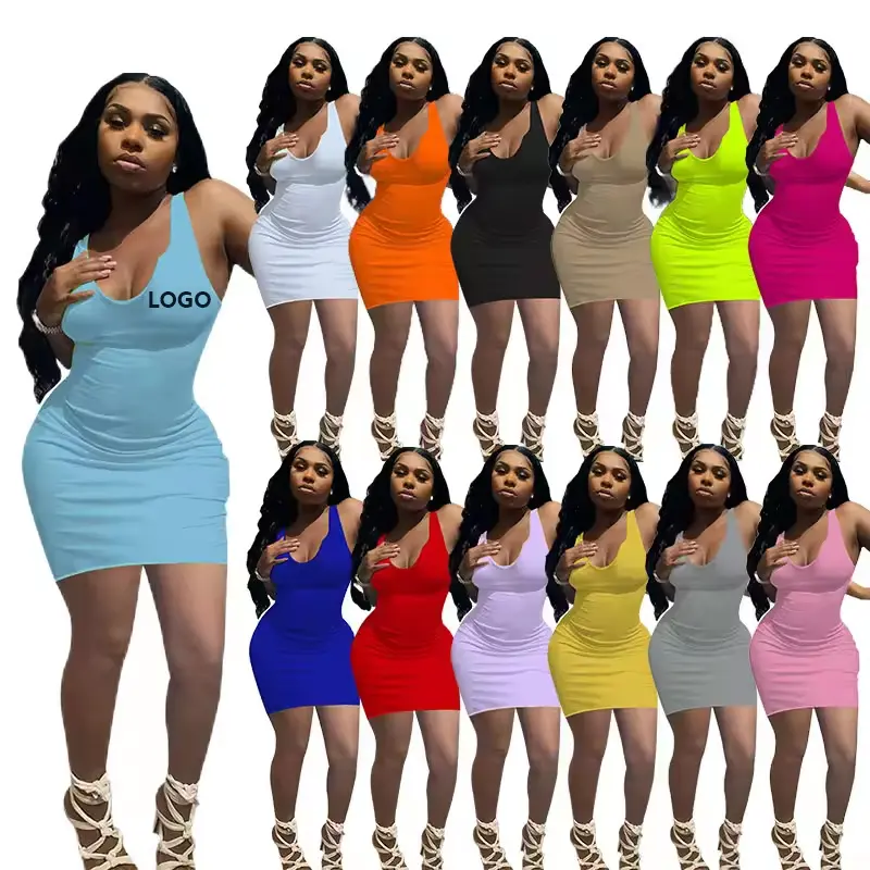 2024 yuvarlak boyun kolsuz Mini Bodycon elbiseler zarif kadın yaz seksi parti elbise rahat nervürlü elbise