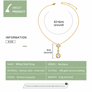 Collier pendentif coquille blanche en acier inoxydable plaqué or 14 carats sous vide, breloque verticale, chaîne réglable 42+6 cm - Product Image 3