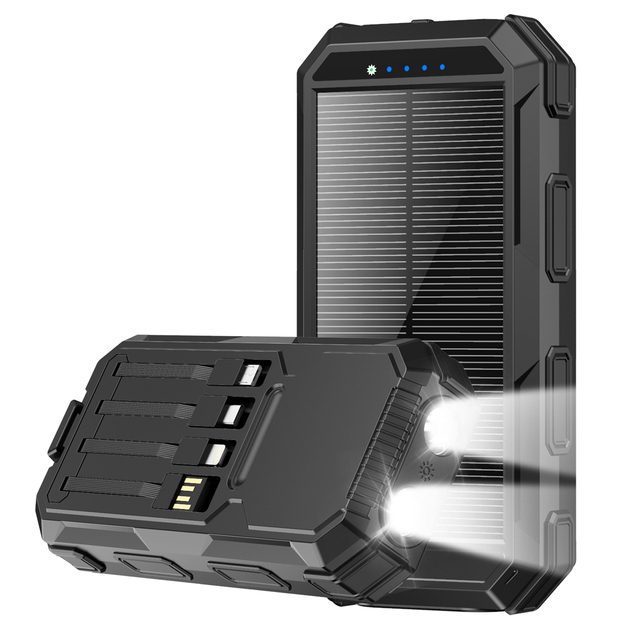 20000mAh Solar Power Bank Fast Charging Built-in 4 Cables Portable Battery with Dual LED Flashlight for Outdoor Camping Survival