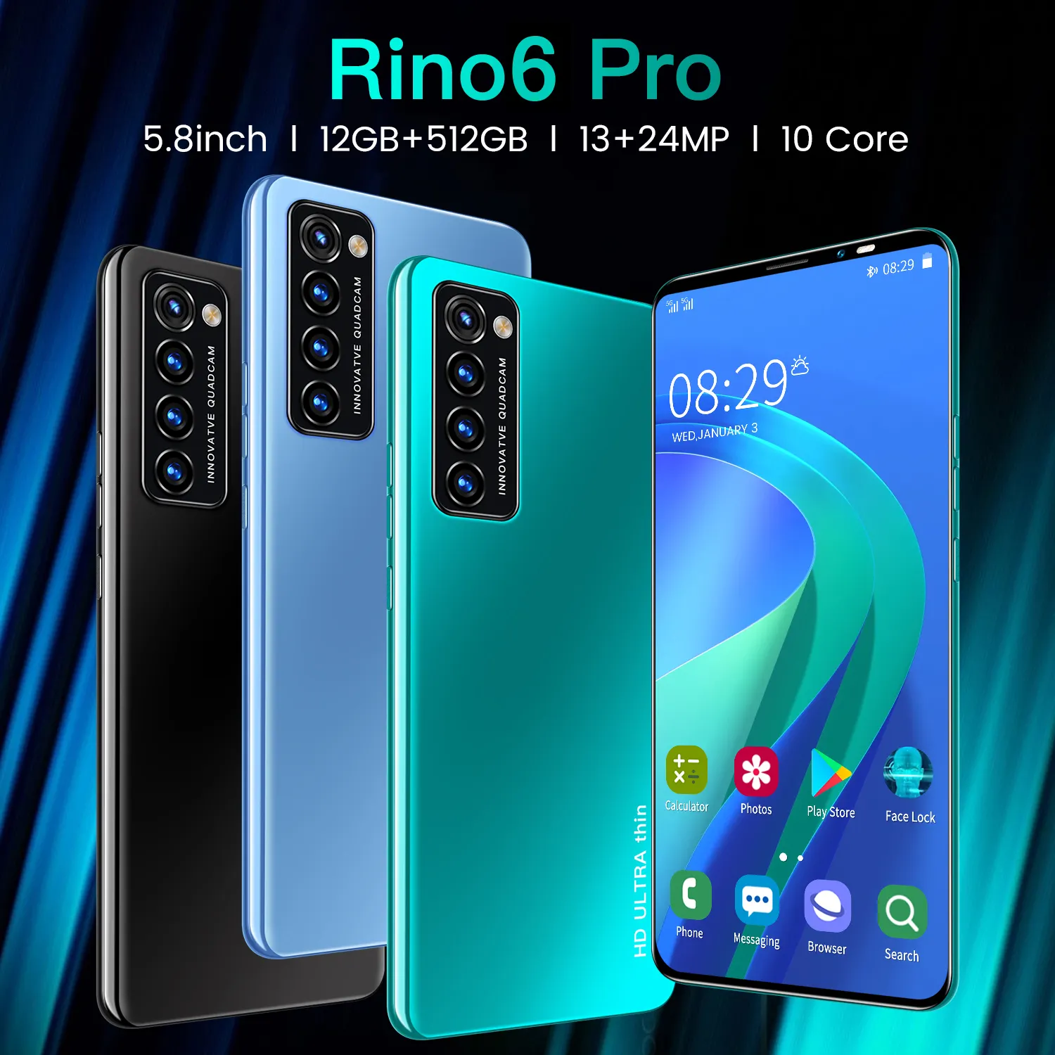 Super thin Rino6 pro mobile phones 12GB ram 512GB rom large memory smartphones face/fingerprint unlock long standby cellphones