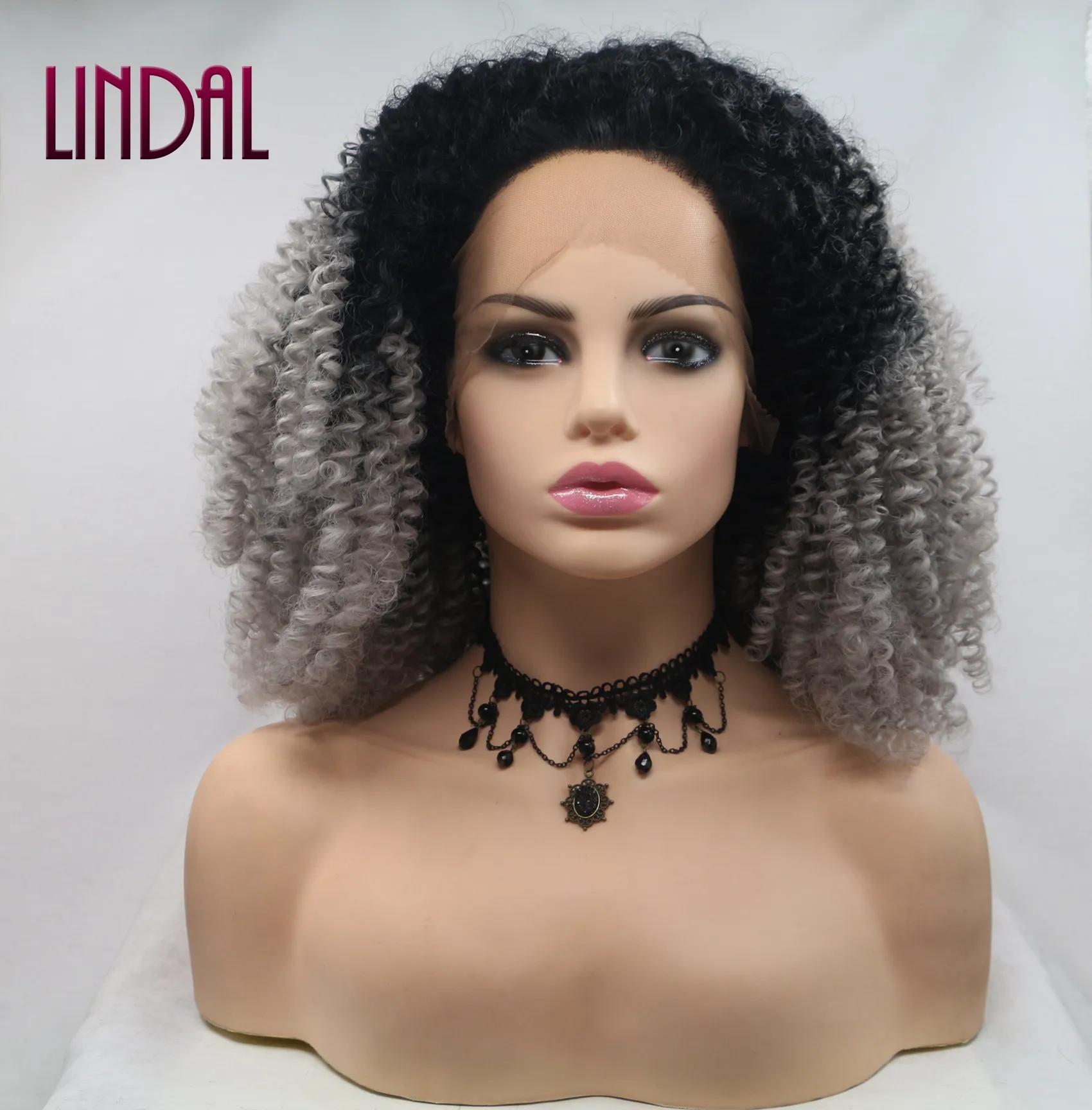 Lindal Kinky Krullend Lace Front Pruiken Dominicaanse Krullend Lace Pruik Afro Korte Ombre Grijs Synthetische Pruik