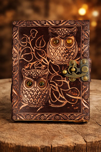 Embossed Twin Owls <b>Leather</b> Journal Handmade Deckle Edge <b>Diary</b>, Vintage Rustic Notebooks - Product Image 2