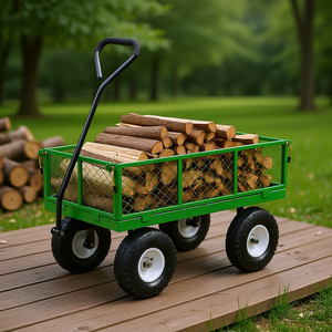 Heavy Duty Steel Garden Cart 10 Inch Tires Green Mesh <b>Sides</b> Pullable Wagon For Outdoor Use - Product Image 2