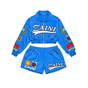 Premium 120 GSM Polyester Taslan <b>Women</b> Sports Wear Hooded <b>Short</b> <b>Set</b> Blue Panel Design Quick Dry - Product Image 1