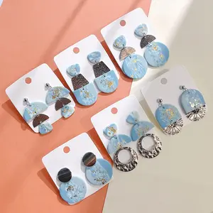 Hot Bán Phụ Nữ Bông Tai Ngọt Ngào Handmade Polymer Đất Sét Dangle Bầu Trời Đầy Sao Giấc Mơ Màu Sắc Mềm Đất Sét Hình Học Splice Vòng Thả Bông Tai