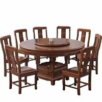 Massivholz Runder Esstisch Set Exquisiter Chinesischer Stil Ausziehbar mit Lazy Susan & Geschnitztem Sockel für Küche Landhaus-Nutzung