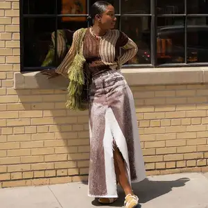 WQ2202-Falda larga con abertura para niña y mujer, pantalones vaqueros especiales con estampado, Color marrón, informal, a la moda, por debajo de la rodilla