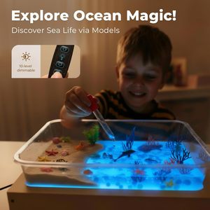 Table lumineuse en bois pour enfants, boîte à lumière pour peinture au sable avec 10 niveaux de gradation <span class=keywords><strong>et</strong></span> plus de 50 pièces, table d'apprentissage sensoriel alimentée par USB - Product Image 3