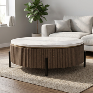 Modern Nara <b>Coffee</b> <b>Table</b> <b>Round</b> Marble Top with Fluted <b>Wood</b> Base and Black Metal Legs for Luxury Living Room Hotel Lobby - Product Image 6
