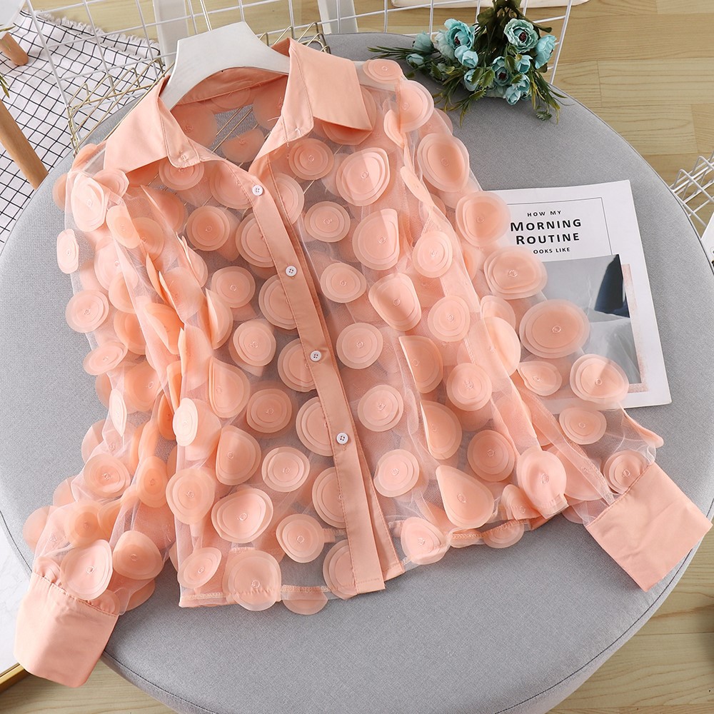 3D Flower Hollow Long Sleeve Lantern Sleeve Mesh See Through