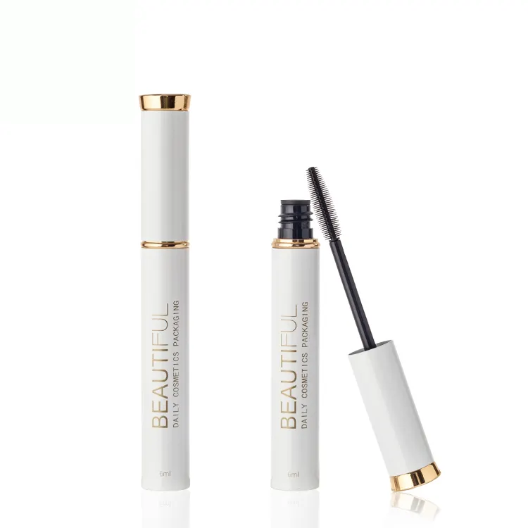 Tube de mascara vide en métal/aluminium, récipient pour le mascara, blanc et mat, avec plateau en or brillant, bouteille de mascara vide, 6ml, 1 pièce